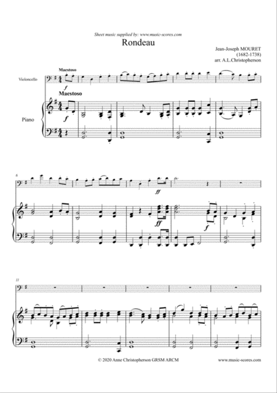 Rondeau - Bridal Fanfare - Cello and Piano - G major Piano scores gallery preview page 1