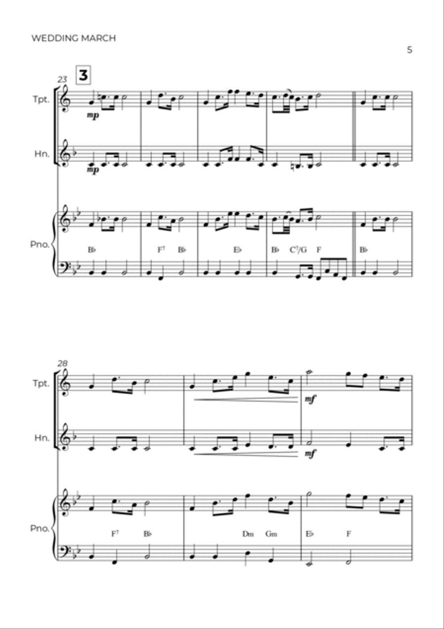 WEDDING MARCH - RICHARD WAGNER - BRASS PIANO TRIO (TRUMPET, HORN & PIANO) Brass Duet scores gallery preview page 5