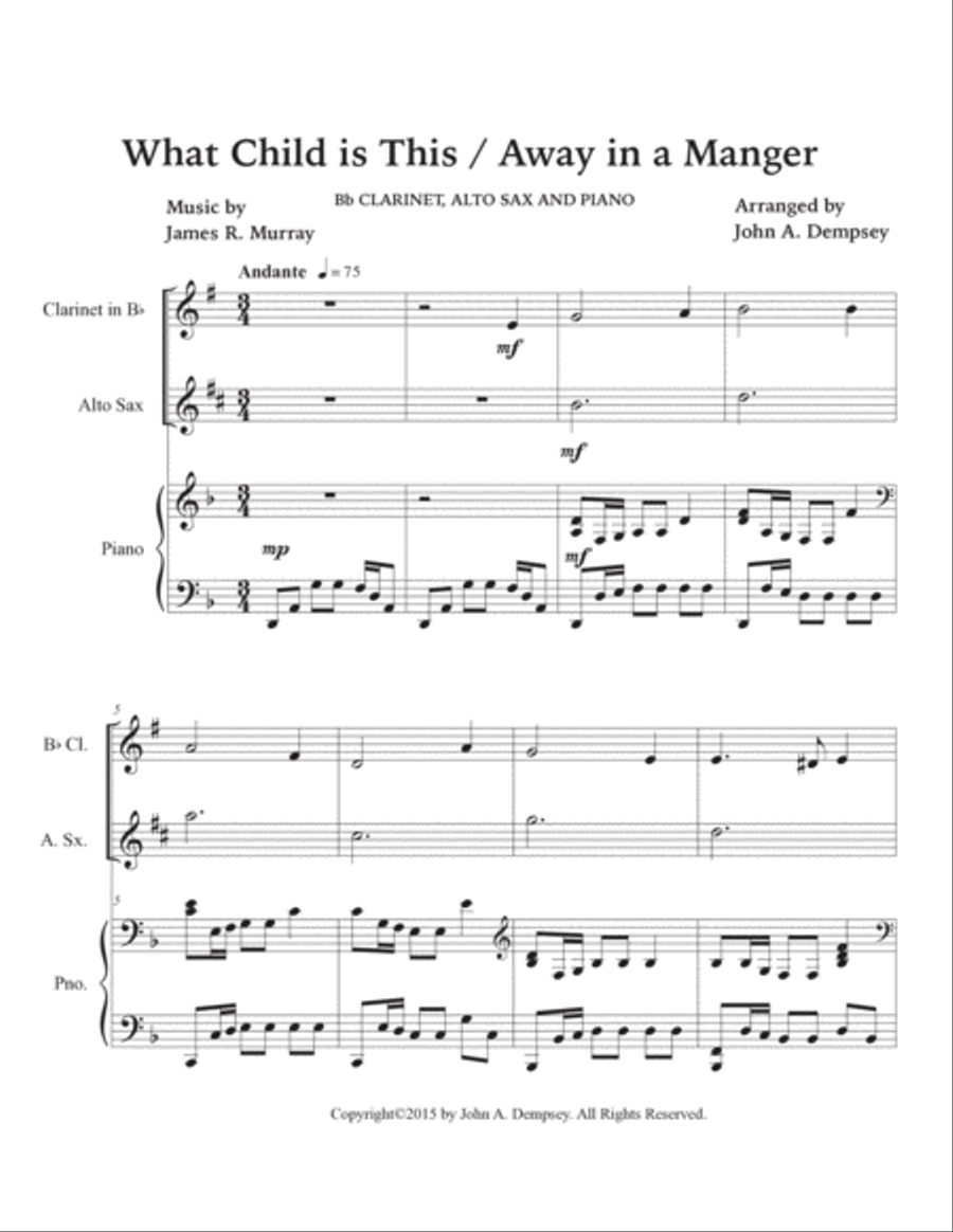 Christmas Medley (What Child is This / Away in a Manger): Trio for Clarinet, Alto Sax and Piano Small Ensemble scores gallery preview page 5