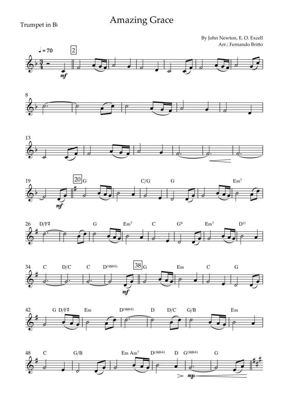 Amazing Grace for Trumpet in Bb Solo with Chords B-Flat Trumpet scores gallery preview page 1