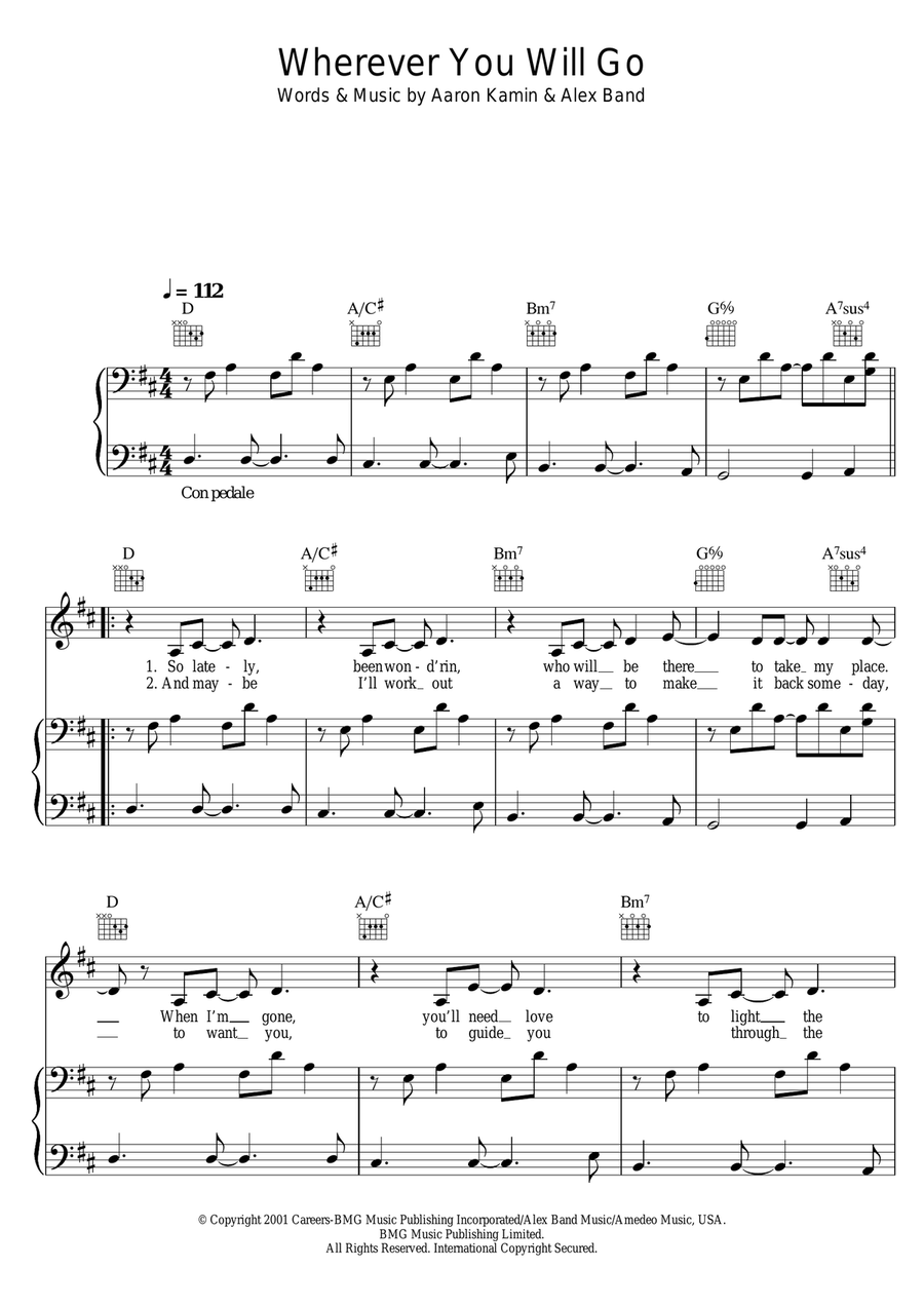 Wherever You Will Go Piano, Vocal, Guitar scores gallery preview page 1