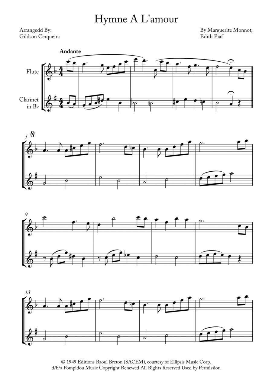 Hymne A L'amour Woodwind Duet scores gallery preview page 1