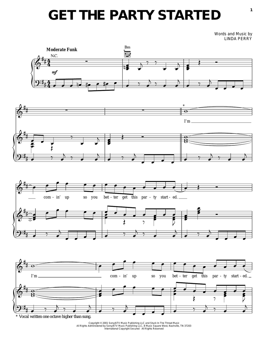 Get The Party Started Piano, Vocal, Guitar scores gallery preview page 1