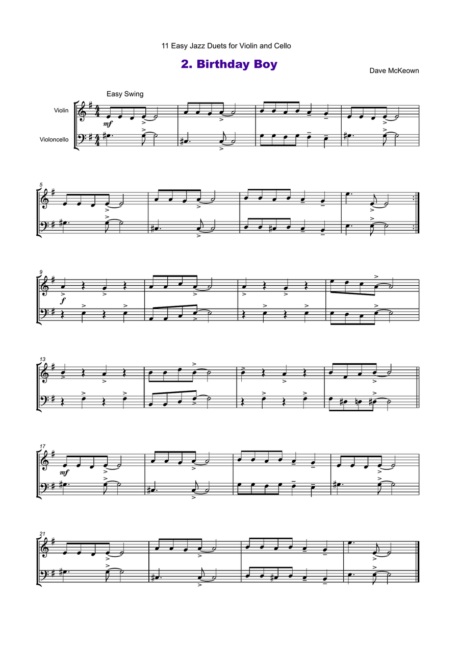 11 Easy Jazz Duets for Violin and Cello String Duet scores gallery preview page 3