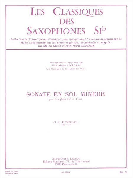 Classique Saxophone Sib No.114: Sonate en Sol Mineur