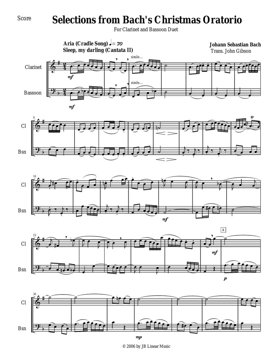 Bach's Christmas Oratorio Selections for Clarinet and Bassoon Duet Woodwind Duet scores gallery preview page 1