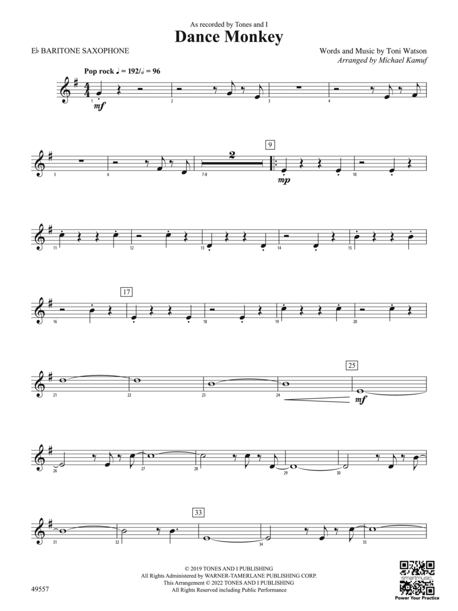 Dance Monkey: E-flat Baritone Saxophone Concert Band scores gallery preview page 1