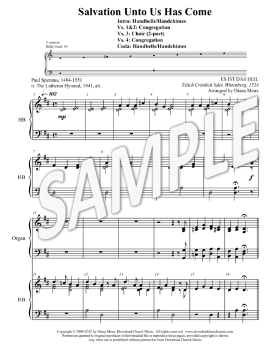 Salvation Unto Us Has Come (Handbells, 2-part Choir, Organ, Congregation) 2-Part scores gallery preview page 1