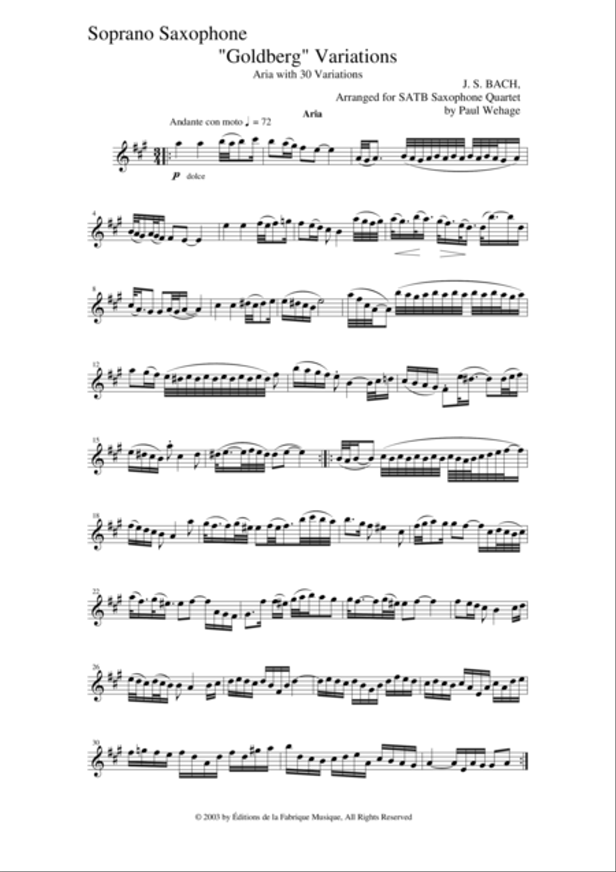 Johann Sebastian Bach/Wehage Goldberg Variations, BWV 988, arranged for SATB saxophone Quartet, sopr Saxophone Quartet scores gallery preview page 1