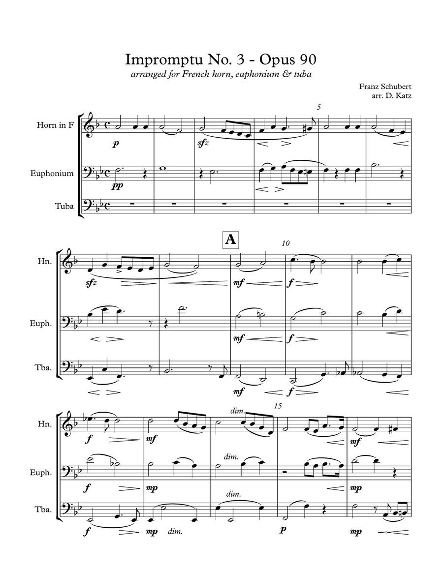Schubert Impromptu Opus 90 for french horn, euphonium and tuba Brass Ensemble scores gallery preview page 2