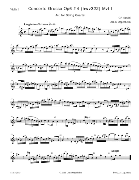 Handel: Concerto Grosso Op 6, #4 (HWV 322) Movement 1 arr. for String Quartet image number null