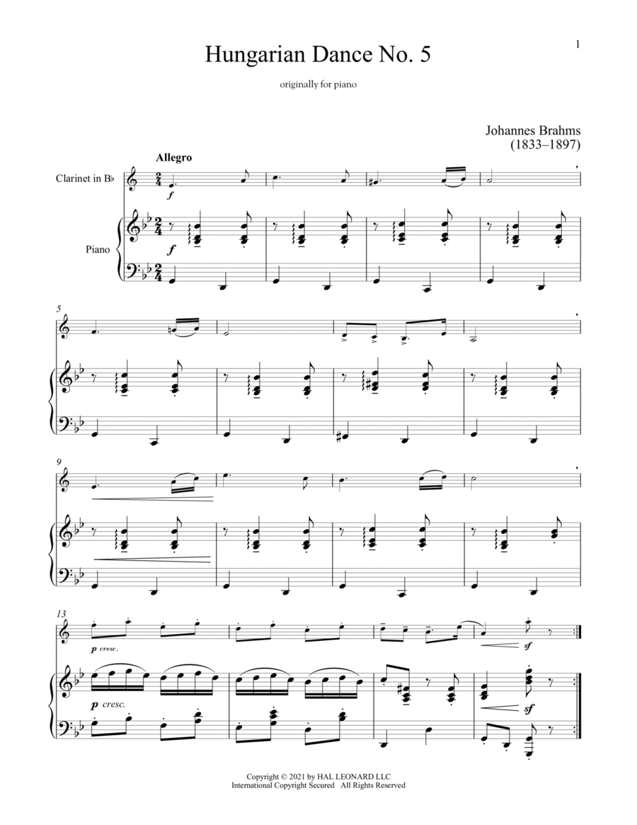 Hungarian Dance No. 5 Hungarian Dance No. 5 Clarinet Solo scores gallery preview page 1