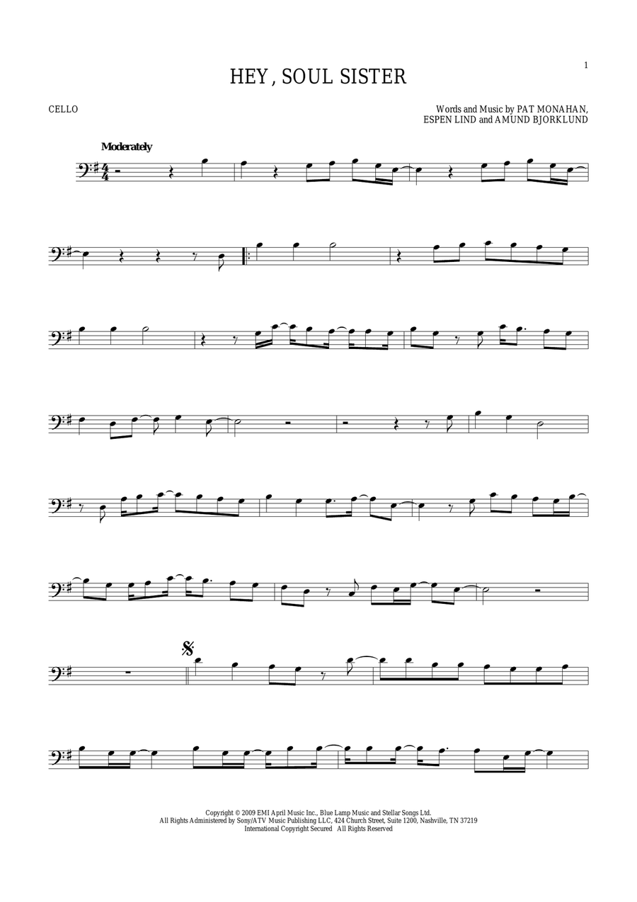 Hey, Soul Sister Cello Solo scores gallery preview page 1