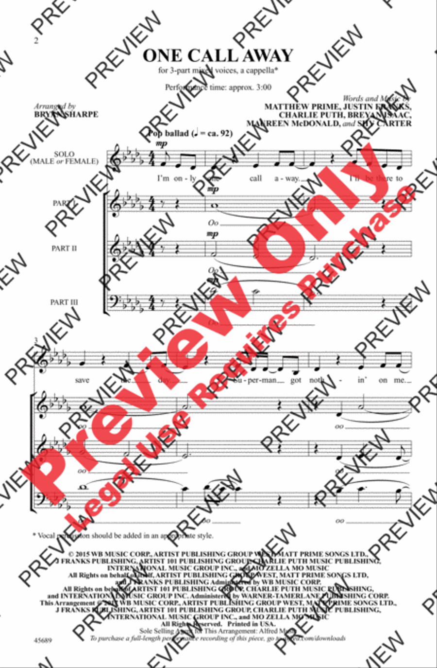 One Call Away 3-Part scores gallery preview page 2