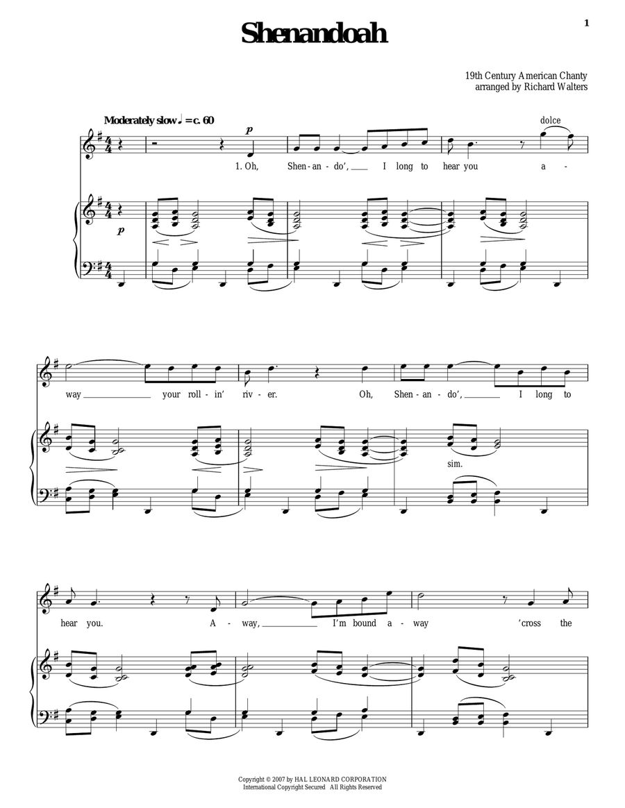 Shenandoah Piano, Vocal scores gallery preview page 1