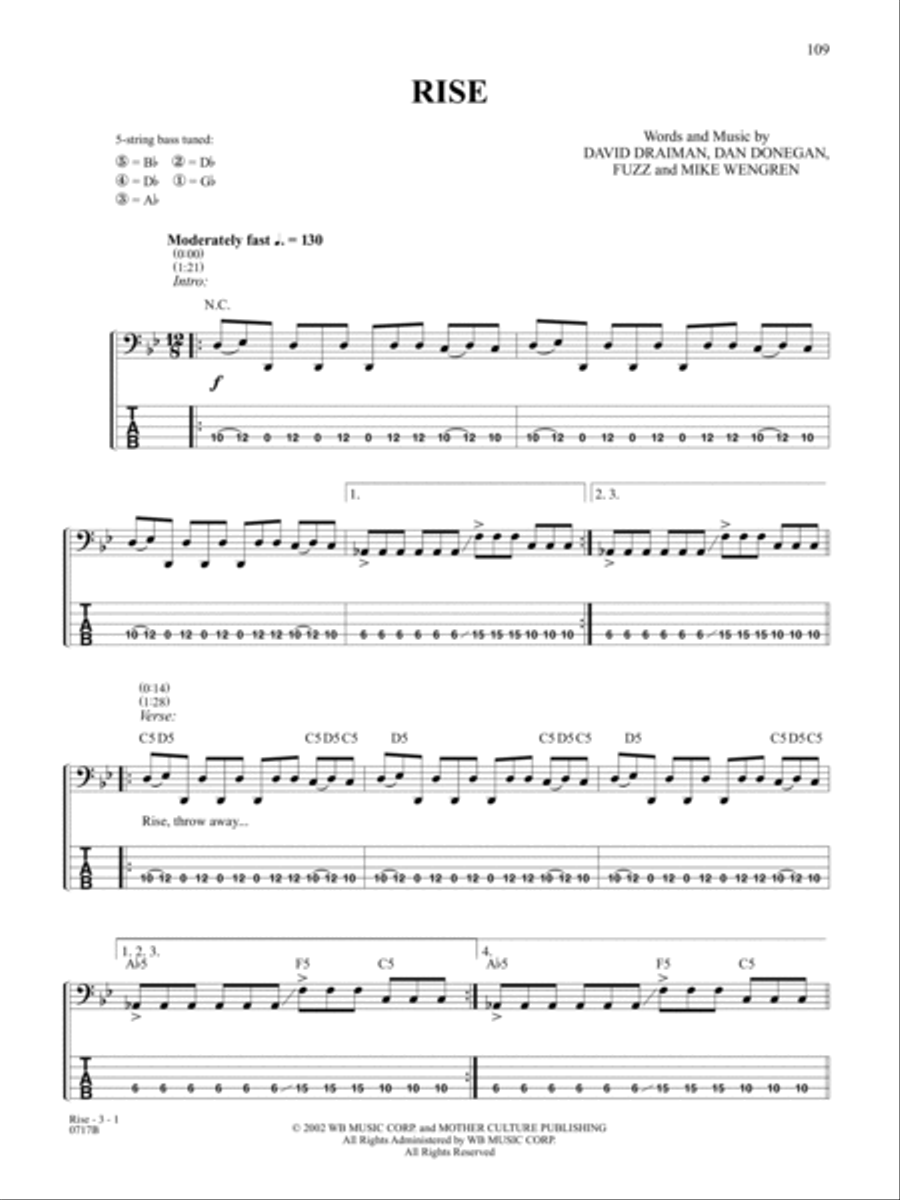 Rise Rise Bass Guitar Tablature scores gallery preview page 1