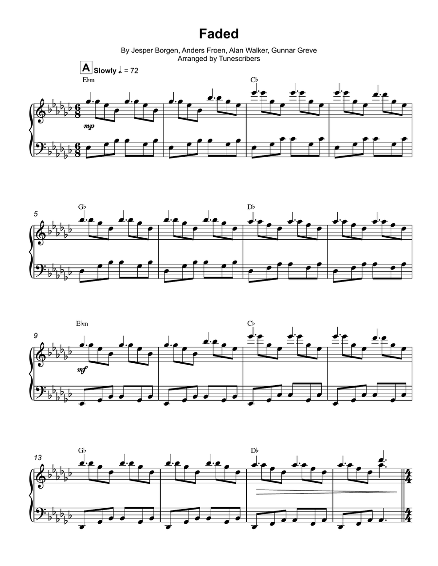 Faded Piano Solo scores gallery preview page 1