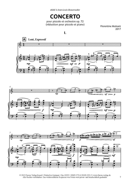 Concerto pour piccolo et orchestre. Reduction pour piano et piccolo op. 72 no. 2