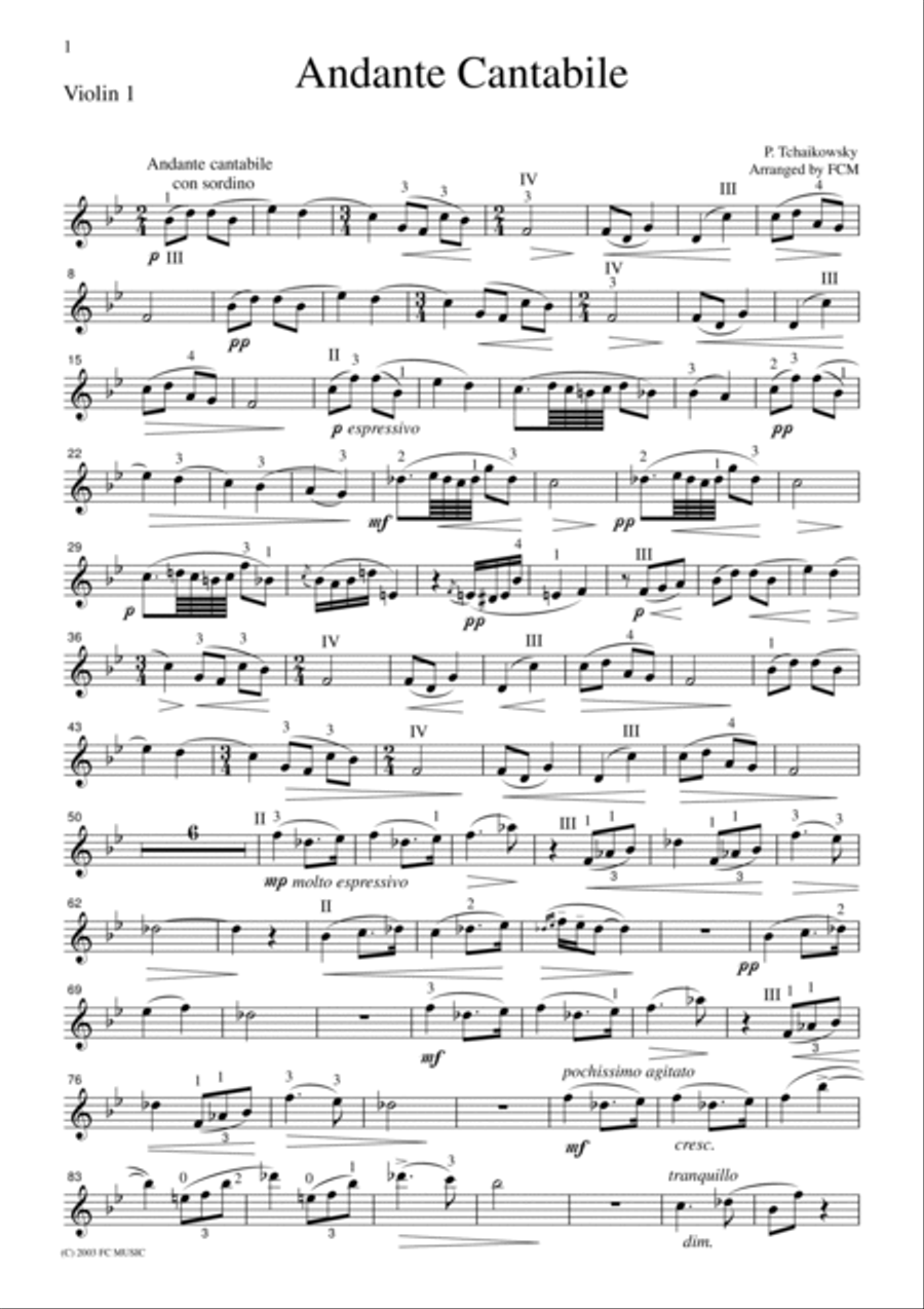 Tchaikowsky Andante Cantabile, String Quartet No.1, 2nd mvt., for string quartet, CT004 String Quartet scores gallery preview page 4