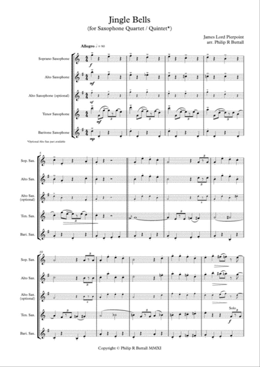 Jingle Bells (Saxophone Quartet / Quintet) - Score Saxophone Quartet scores gallery preview page 2