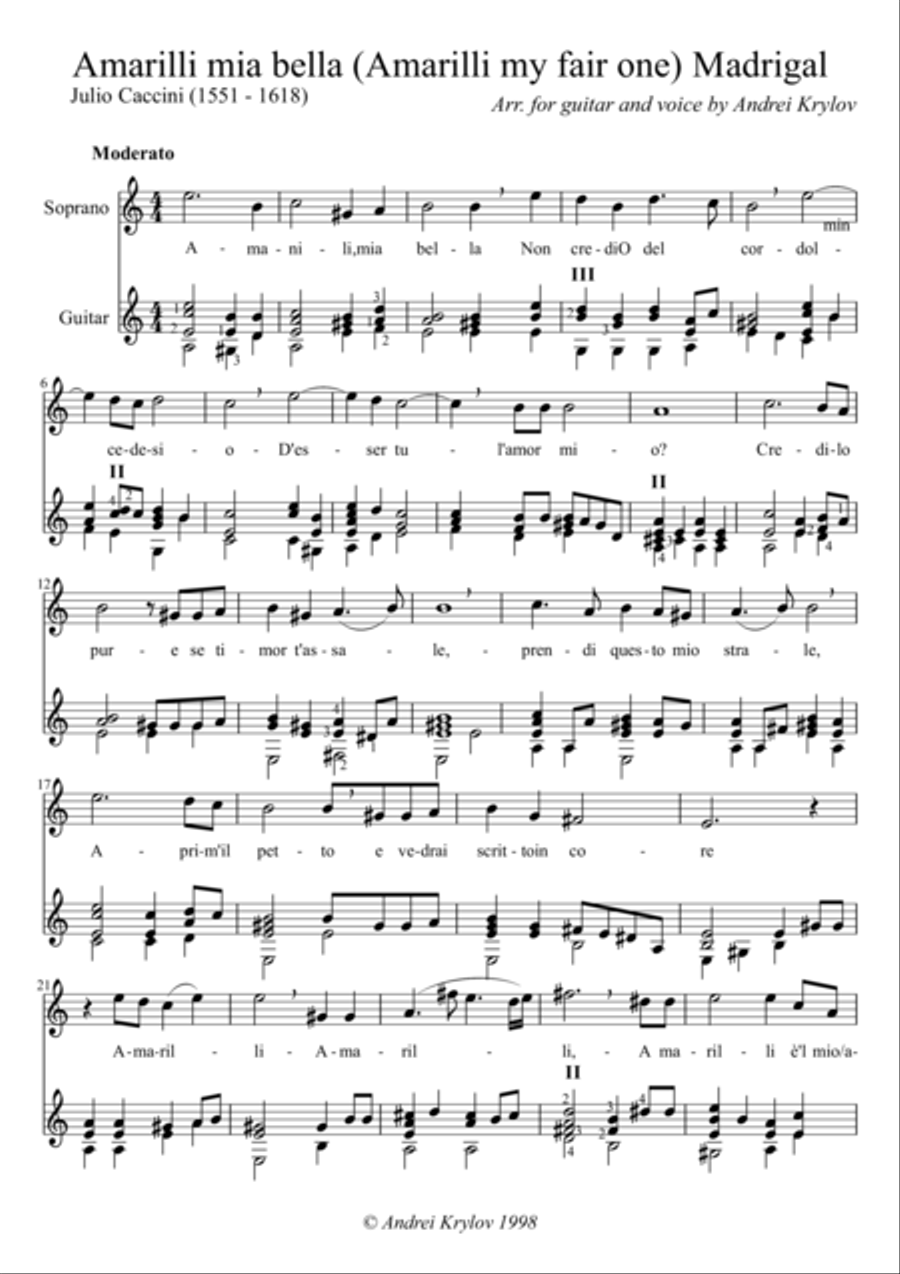 Amarilli, mia bella, madrigal by Giulio Caccini, arranged for classical guitar and voice by Andrei K Choir scores gallery preview page 1