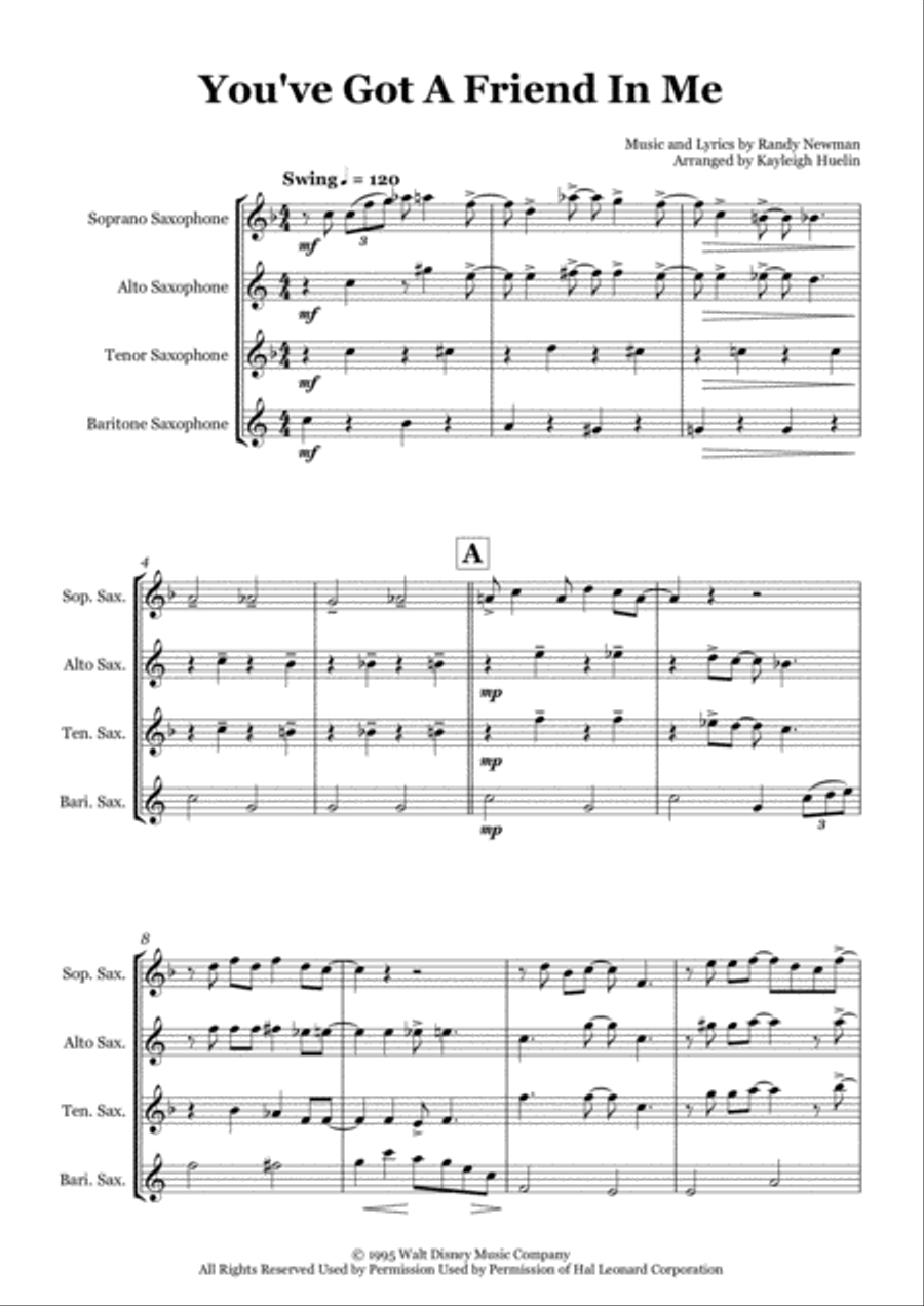 You've Got A Friend In Me Saxophone Quartet scores gallery preview page 1