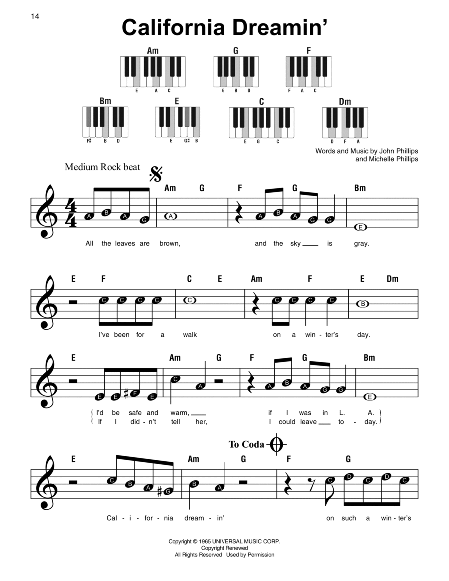 California Dreamin' California Dreamin' Easy Piano scores gallery preview page 1