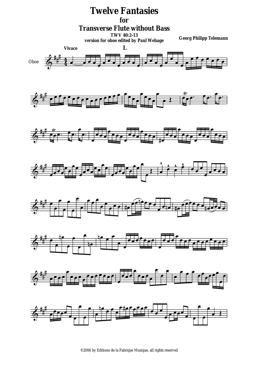 Georg Philipp Telemann: 12 Fantasias for Flute without Bass, TWV 40:2-13, adapted for oboe by Paul W Flute scores gallery preview page 2