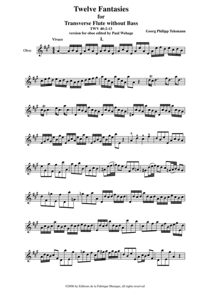 Georg Philipp Telemann: 12 Fantasias for Flute without Bass, TWV 40:2-13, adapted for oboe by Paul W