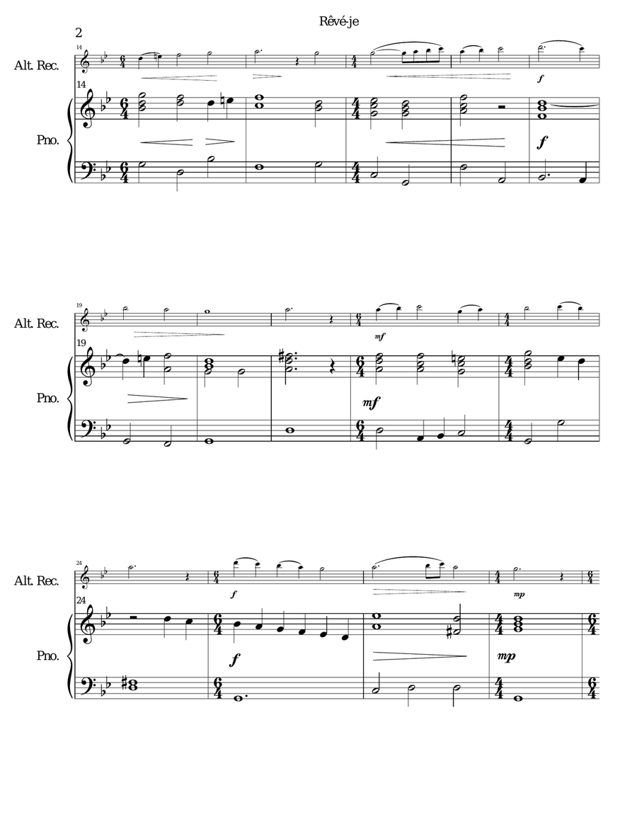 Rêvé-je (Am I dreaming) for alto recorder and piano Alto Recorder scores gallery preview page 2