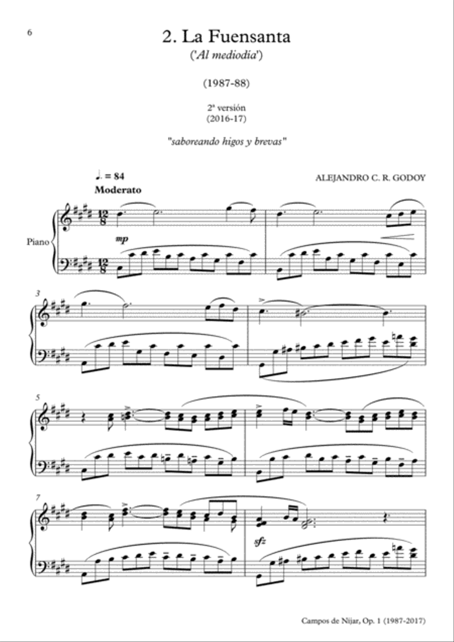 Campos de Níjar, Op.1 - II. La Fuensanta ('Al mediodía') (2017) Piano Solo scores gallery preview page 1
