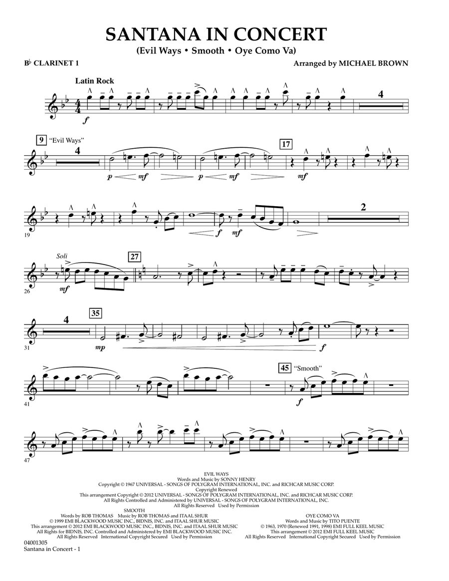 Santana In Concert - Bb Clarinet 1 Concert Band scores gallery preview page 1