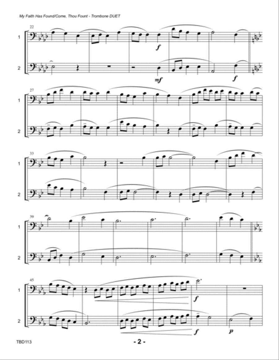MY FAITH HAS FOUND A RESTING PLACE with COME THOU FOUNT OF EVERY BLESSING - TROMBONE DUET (unaccompa Trombone Duet scores gallery preview page 2
