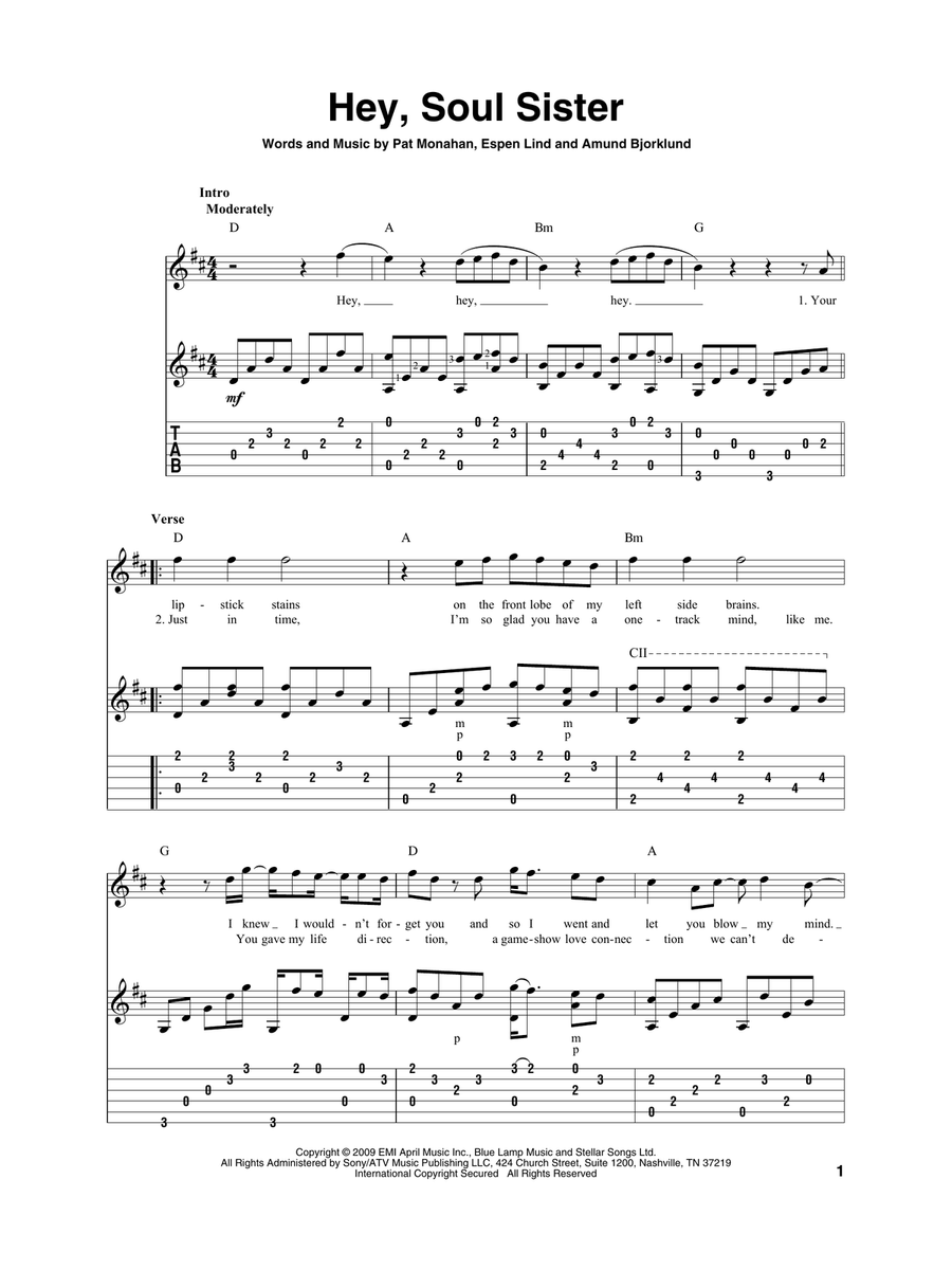 Hey, Soul Sister Acoustic Guitar scores gallery preview page 1