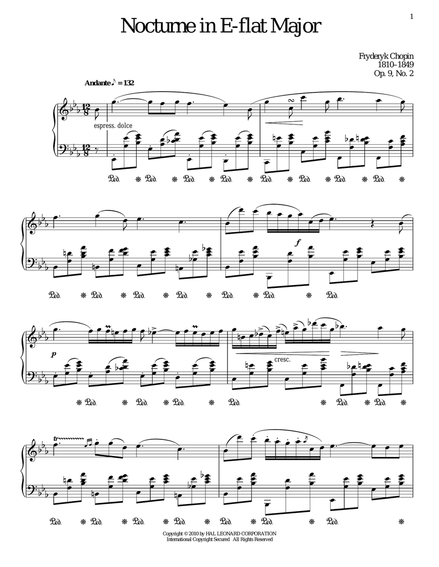 Nocturne In E-Flat Major, Op. 9, No. 2 Piano Solo scores gallery preview page 1