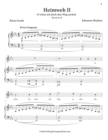 BRAHMS: Heimweh II, Op. 63 no. 8 (transposed to E-flat major)