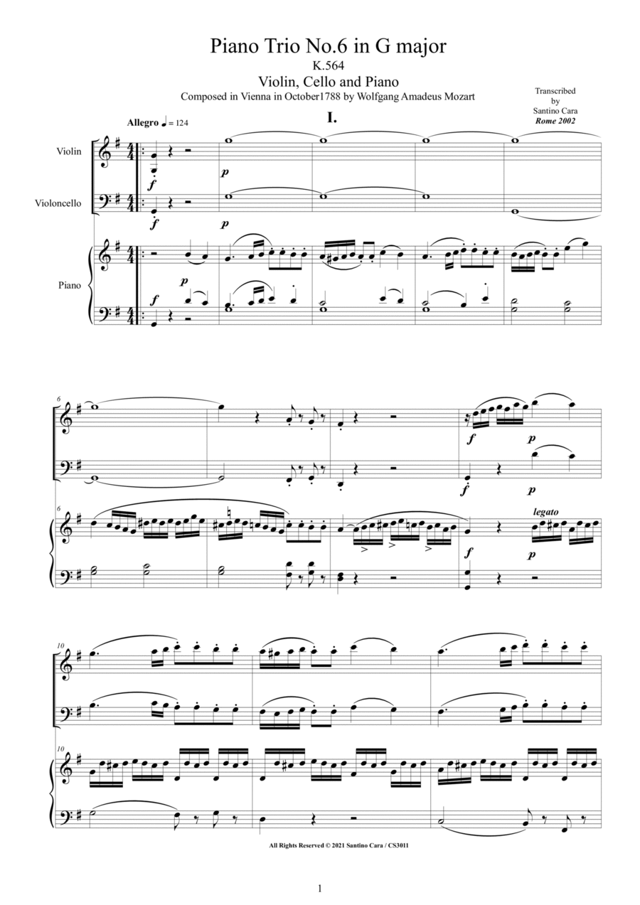 Mozart - Piano Trio No.6 in G major K.564 for Violin, Cello and Piano - Full score and Parts Piano Trio scores gallery preview page 1