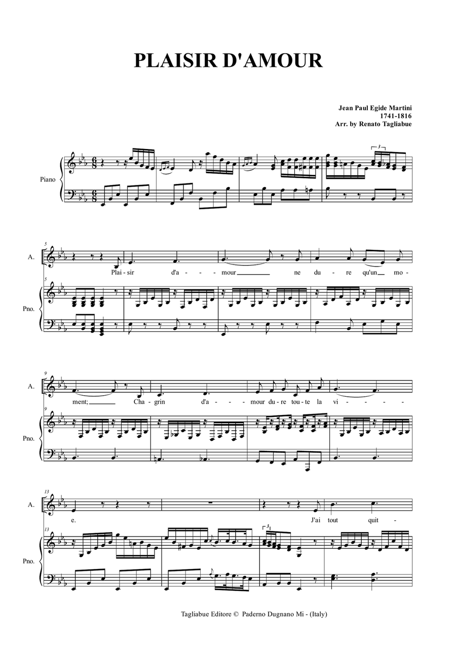 PLAISIR D'AMOUR - Martini - Arr. for Alto/Bariton and Piano - In Eb image number null