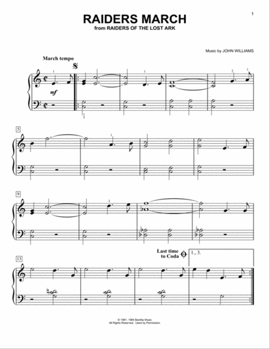 Raiders March (from Raiders of The Lost Ark) Easy Piano scores gallery preview page 1