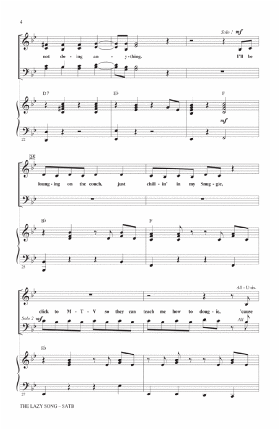 The Lazy Song (arr. Mark Brymer) 4-Part scores gallery preview page 3