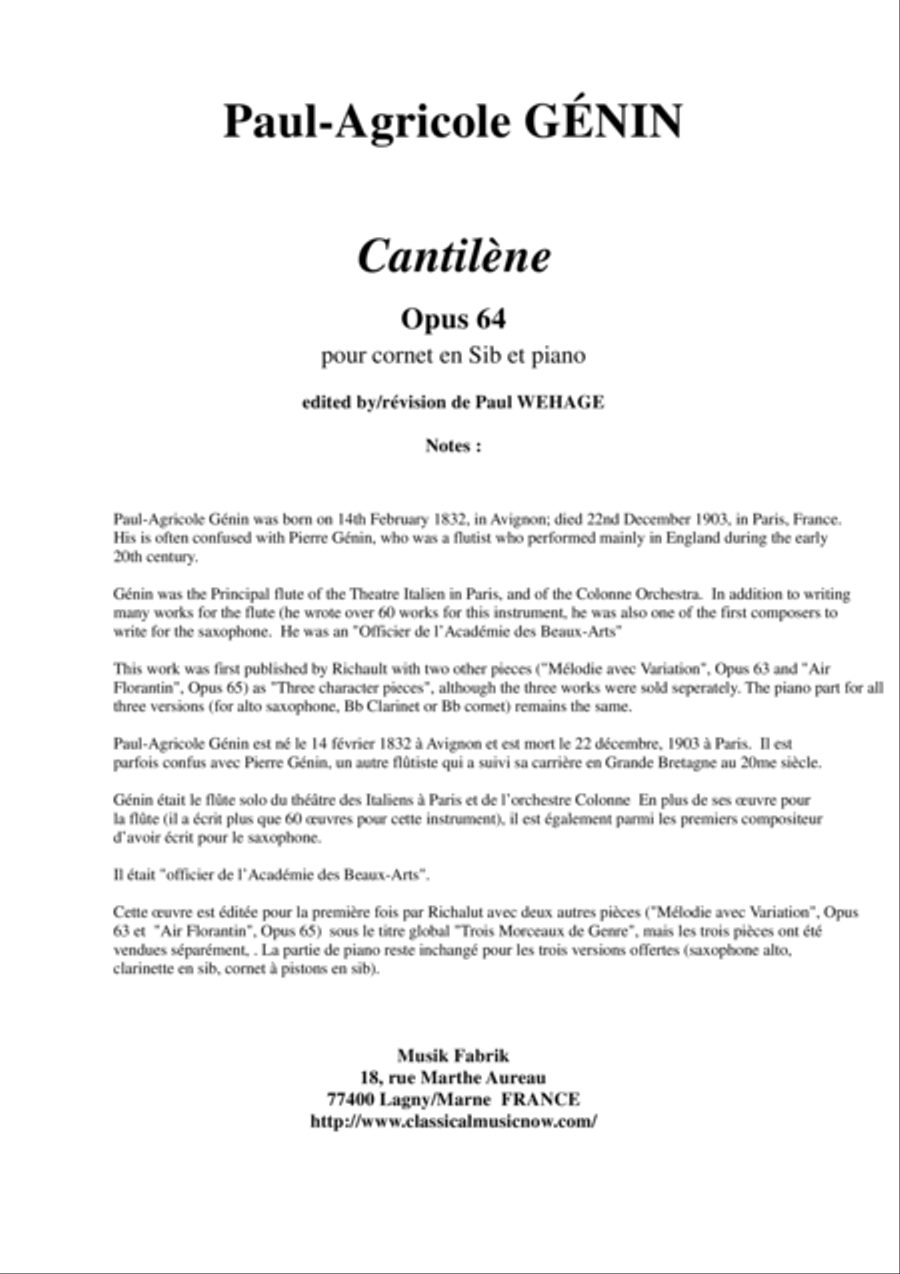 Paul-Agricole Génin: Cantilène, Opus 64 for Bb cornet and piano Cornet scores gallery preview page 1