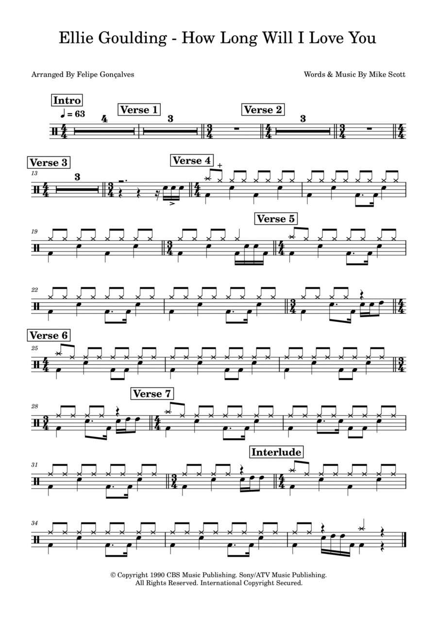 How Long Will I Love You Drum Set scores gallery preview page 1
