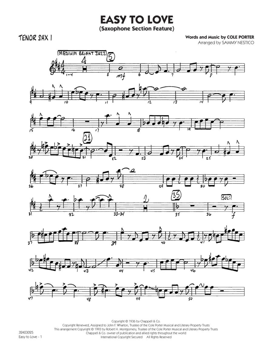 Book cover for Easy to Love (arr. Sammy Nestico) - Tenor Sax 1