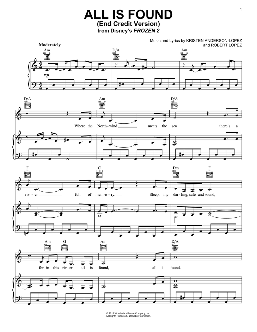 All Is Found (from Disney's Frozen 2) (End Credit Version) Piano, Vocal, Guitar scores gallery preview page 1