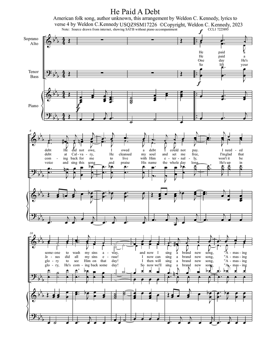 He Paid a Debt He Paid a Debt Piano Solo scores gallery preview page 1