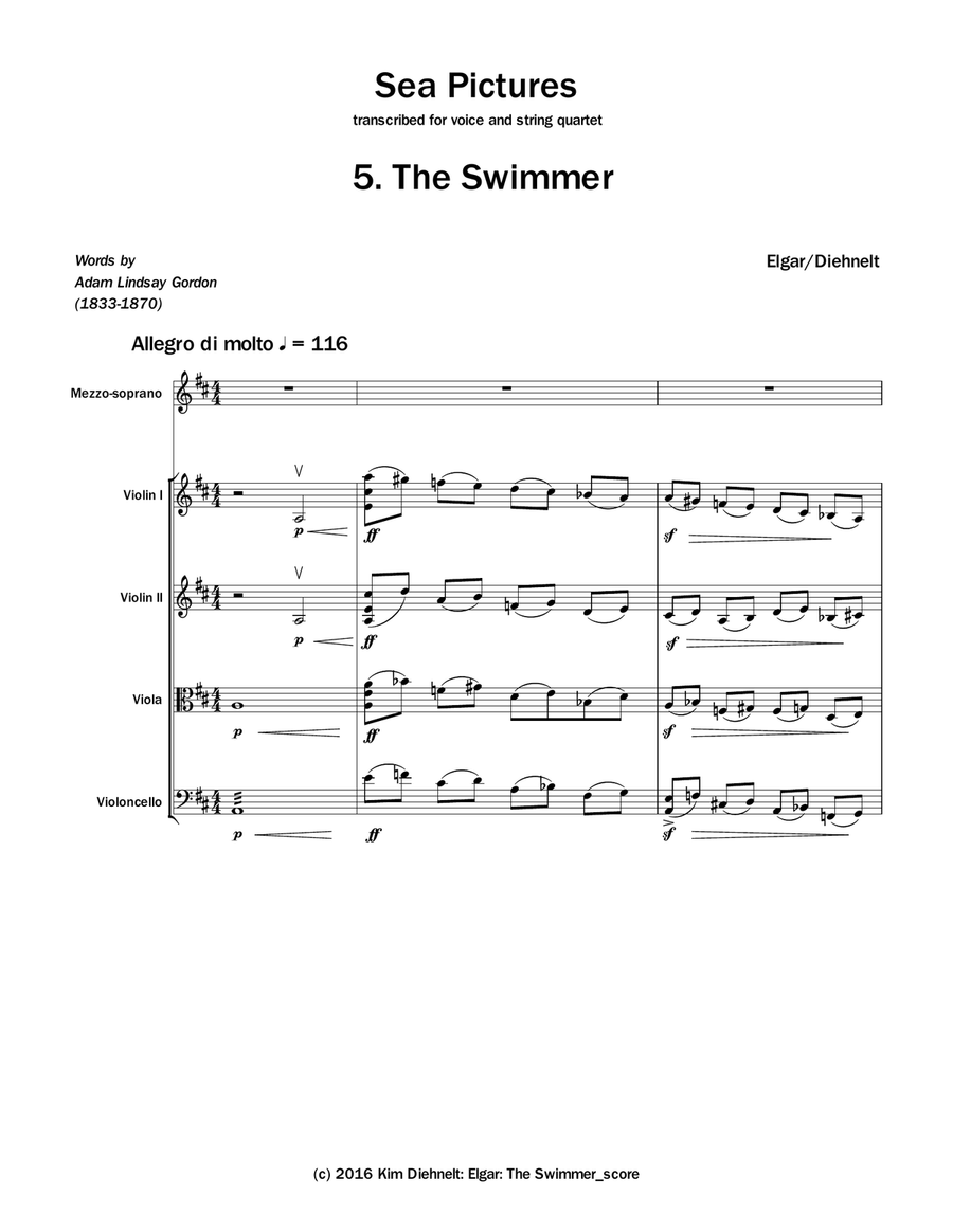 Elgar: The Swimmer from Sea Pictures (Arr. Voice and String Quartet) String Quartet scores gallery preview page 2