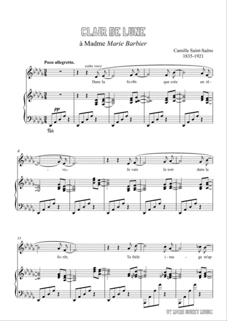 Saint-Saëns-Clair de lune in D flat Major,for Voice and Piano Voice Solo scores gallery preview page 3