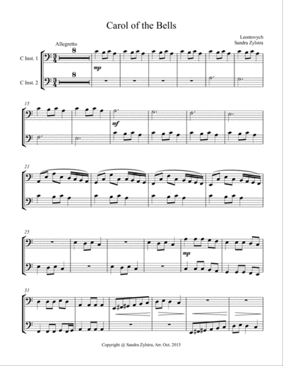 Carol of the Bells (bass C instrument duet, parts only) Piano scores gallery preview page 1