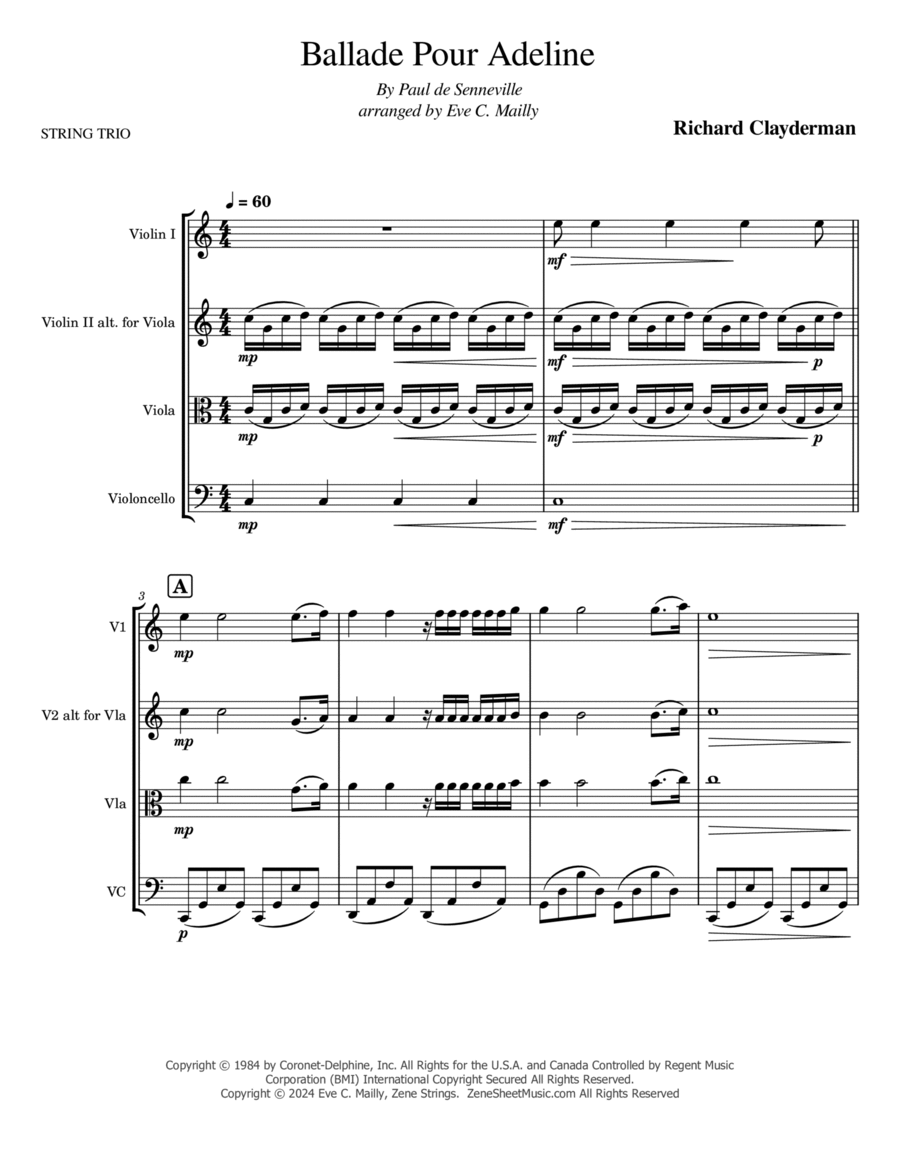 Ballade Pour Adeline String Trio scores gallery preview page 1