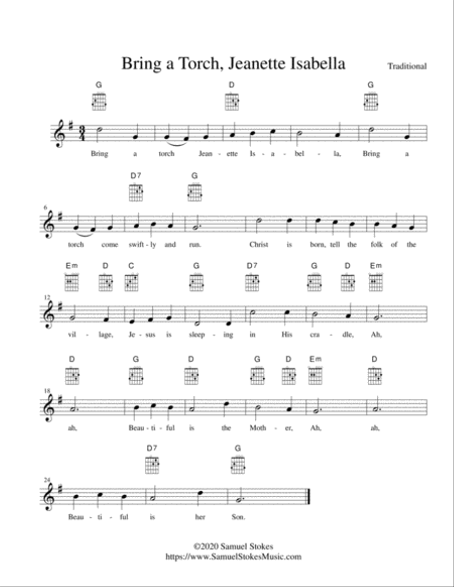 Bring a Torch, Jeanette Isabella - lead sheet in G major Guitar scores gallery preview page 1